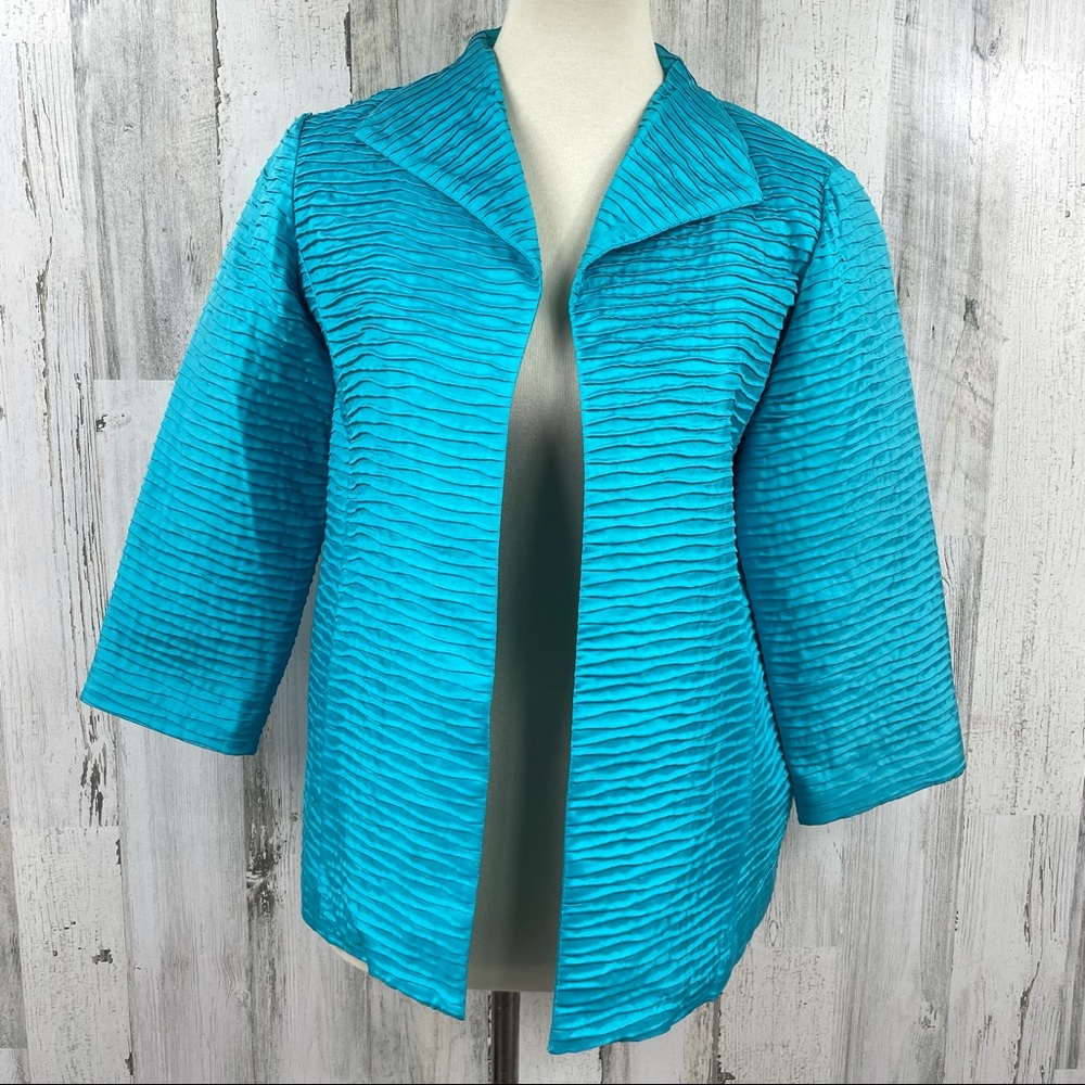 Silk Land Women's Blue Silk Ribbed Blazer Jacket Size Small